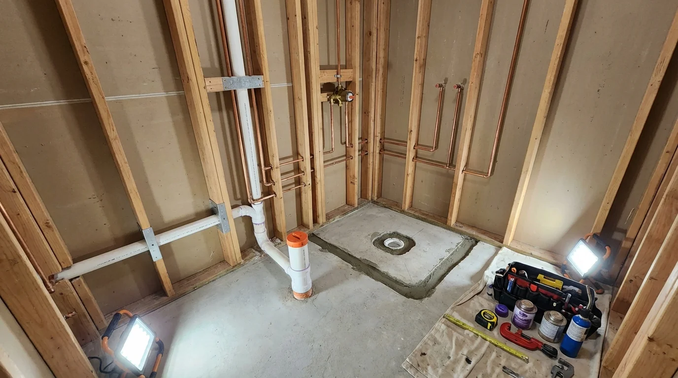 Bathroom rough-in plumbing during remodel by Johns Plumbing LLC in Walkerton