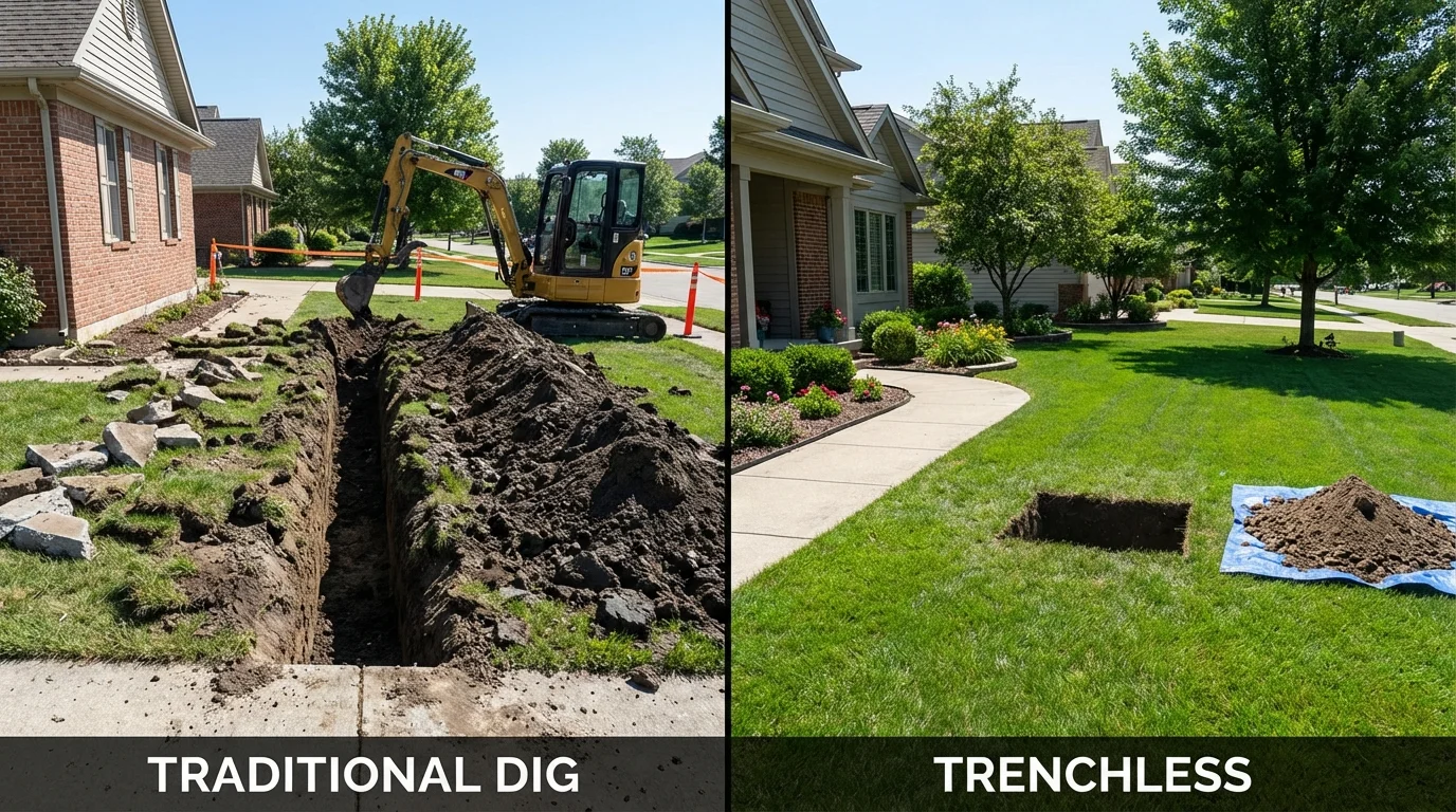 Trenchless sewer repair with minimal yard damage versus traditional excavation in Walkerton, IN